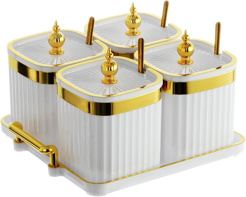 EABOSON 4 Pack Gold Condiment Spice Jars with Lids, Spoons, Tray - Plastic Seasoning Box Set for Salt, Pepper, Sugar - Kitchen Storage - Image 1